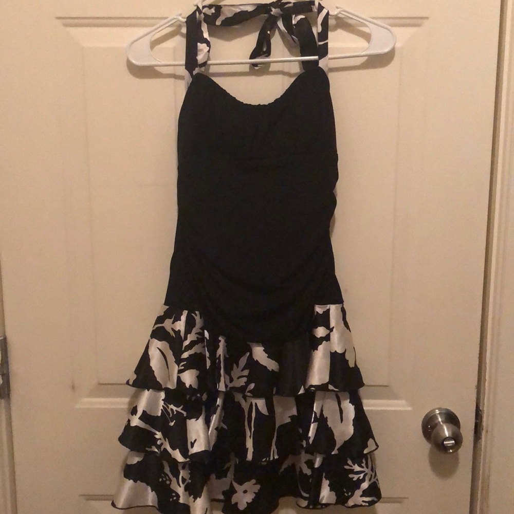 Cute black halter dress with floral tiered skirt